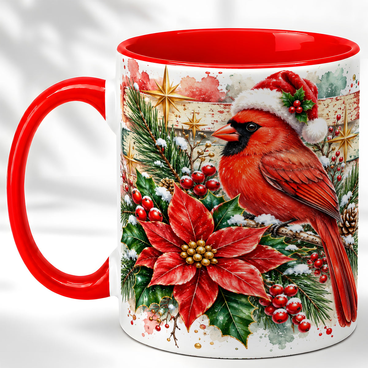 Christmas Cardinal Coffee Mug, Poinsettia Cardinal Mug, Ceramic Cup