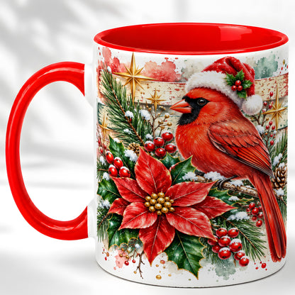 Christmas Cardinal Coffee Mug, Poinsettia Cardinal Mug, Ceramic Cup