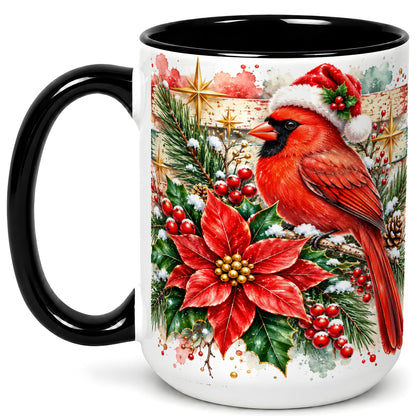 #pl[15oz|Black] Christmas Cardinal Coffee Mug, Poinsettia Cardinal Mug, Ceramic Cup