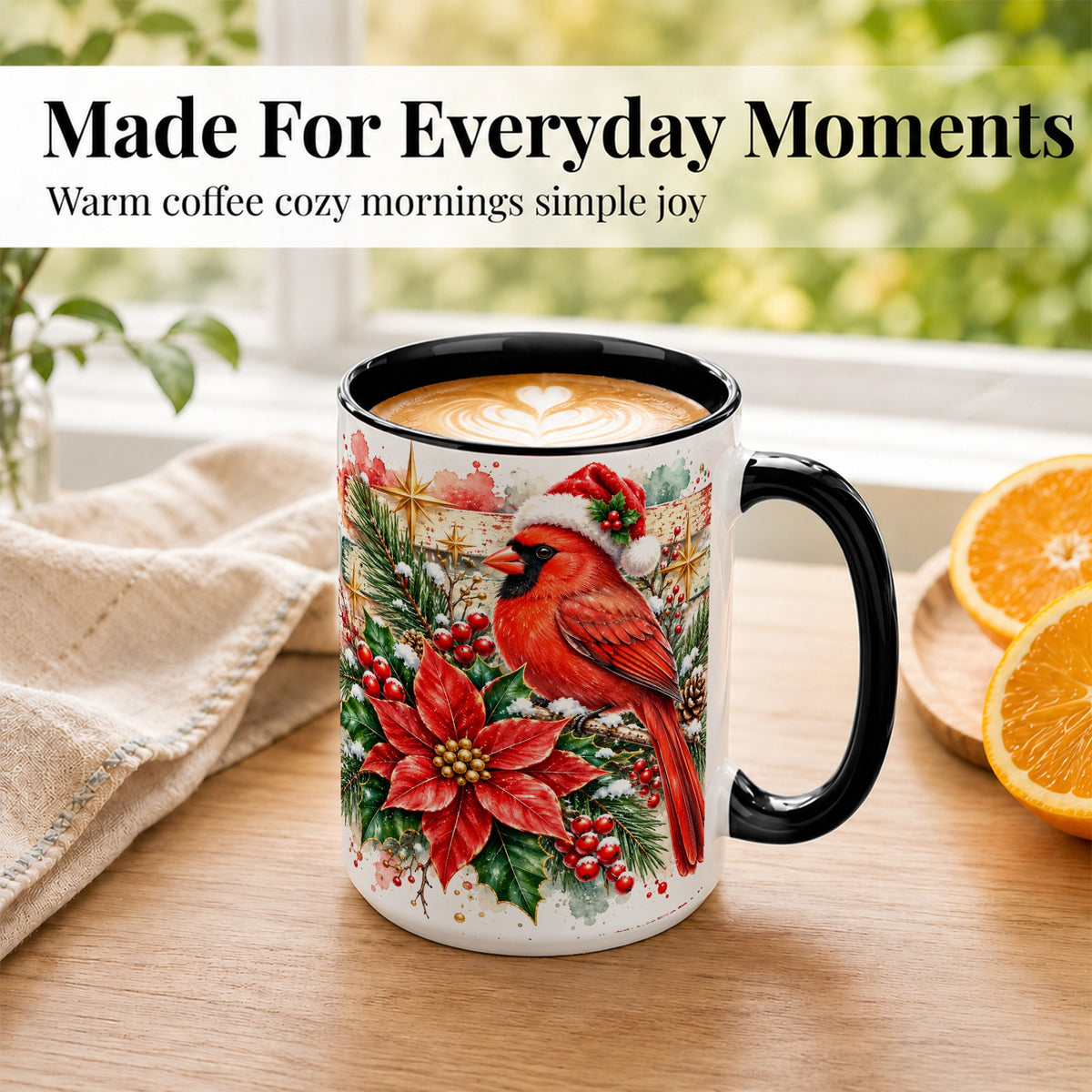 #pl[15oz|Black] Christmas Cardinal Coffee Mug, Poinsettia Cardinal Mug, Ceramic Cup
