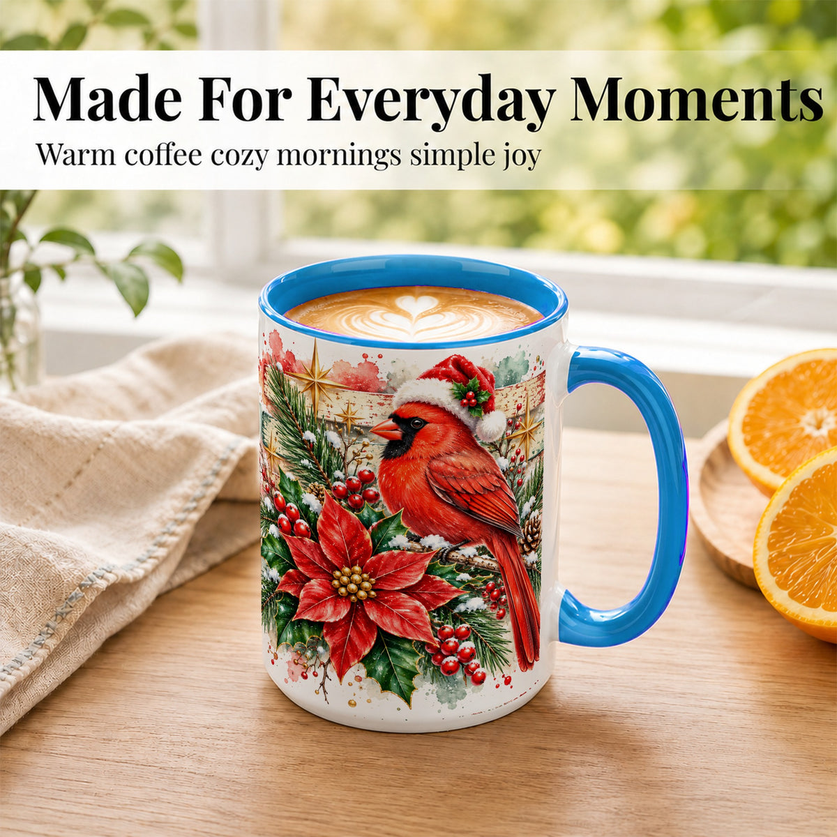 #pl[15oz|Blue] Christmas Cardinal Coffee Mug, Poinsettia Cardinal Mug, Ceramic Cup