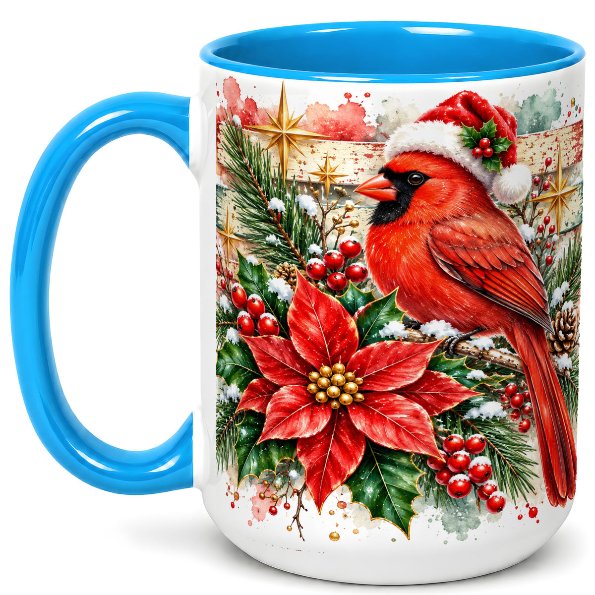 #pl[15oz|Blue] Christmas Cardinal Coffee Mug, Poinsettia Cardinal Mug, Ceramic Cup