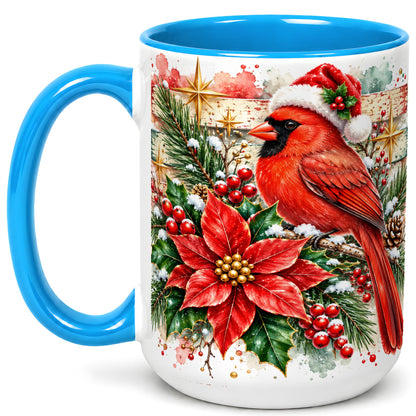 #pl[15oz|Blue] Christmas Cardinal Coffee Mug, Poinsettia Cardinal Mug, Ceramic Cup