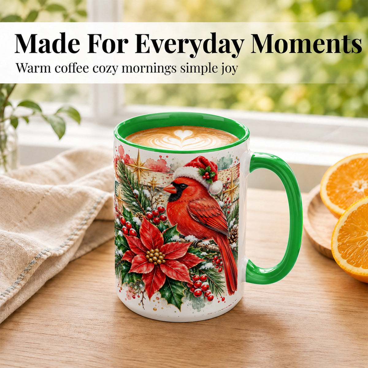 #pl[15oz|Green] Christmas Cardinal Coffee Mug, Poinsettia Cardinal Mug, Ceramic Cup