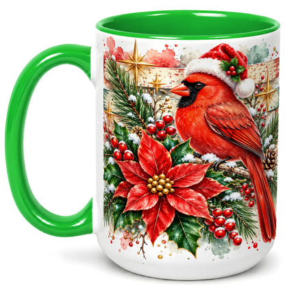#pl[15oz|Green] Christmas Cardinal Coffee Mug, Poinsettia Cardinal Mug, Ceramic Cup