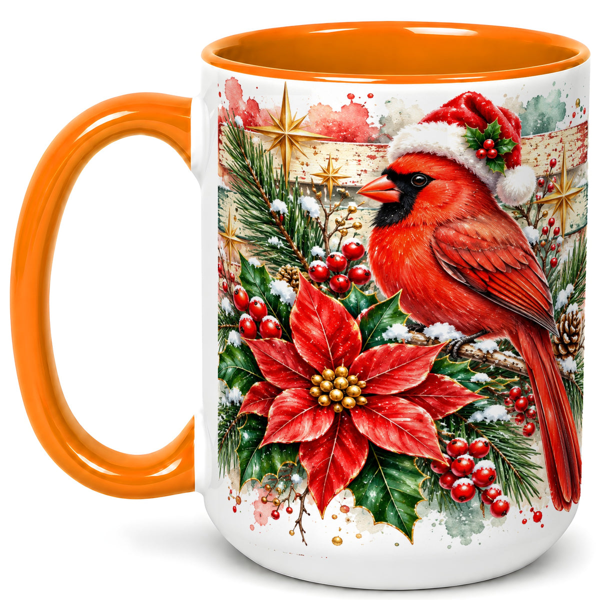 #pl[15oz|Orange] Christmas Cardinal Coffee Mug, Poinsettia Cardinal Mug, Ceramic Cup