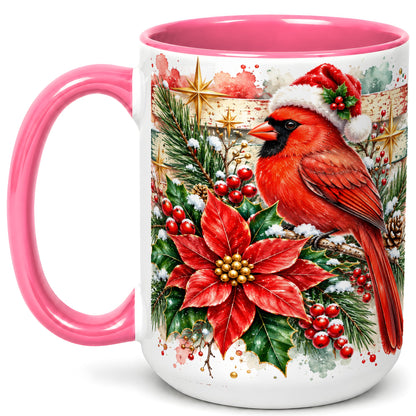 #pl[15oz|Pink] Christmas Cardinal Coffee Mug, Poinsettia Cardinal Mug, Ceramic Cup