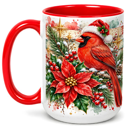 #pl[15oz|Red] Christmas Cardinal Coffee Mug, Poinsettia Cardinal Mug, Ceramic Cup
