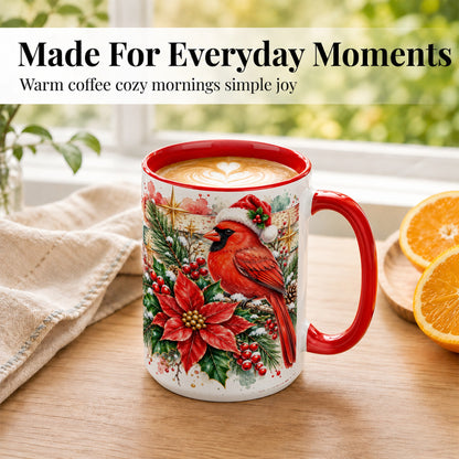 #pl[15oz|Red] Christmas Cardinal Coffee Mug, Poinsettia Cardinal Mug, Ceramic Cup