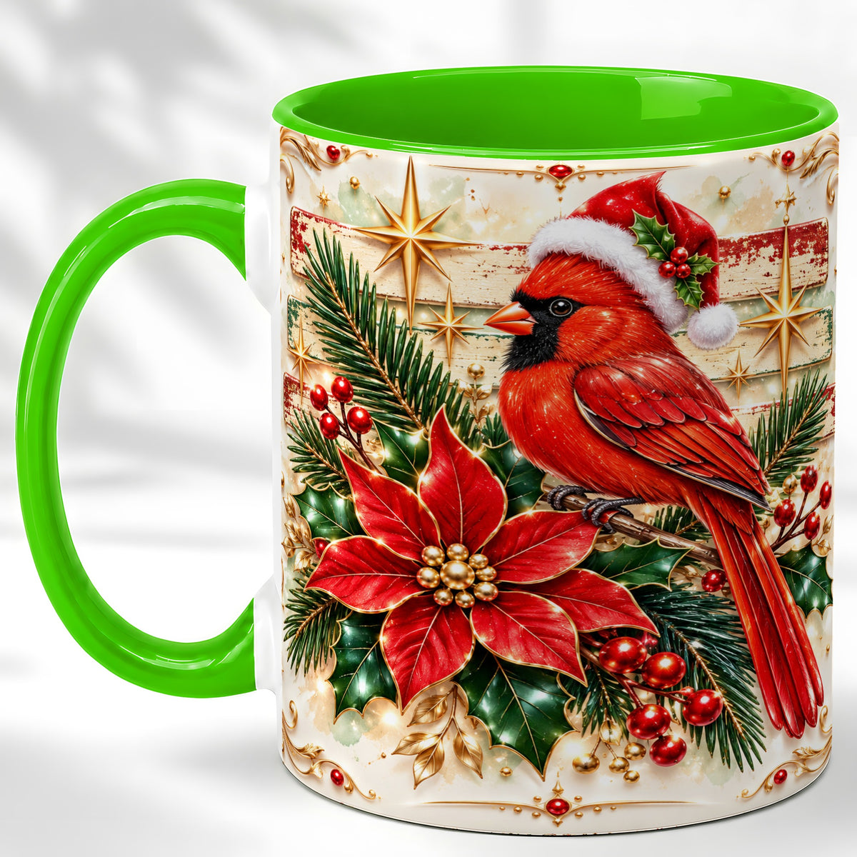 #pl[11oz|Green] Christmas Cardinal Coffee Mug, Winter Bird Mug, Ceramic Cup
