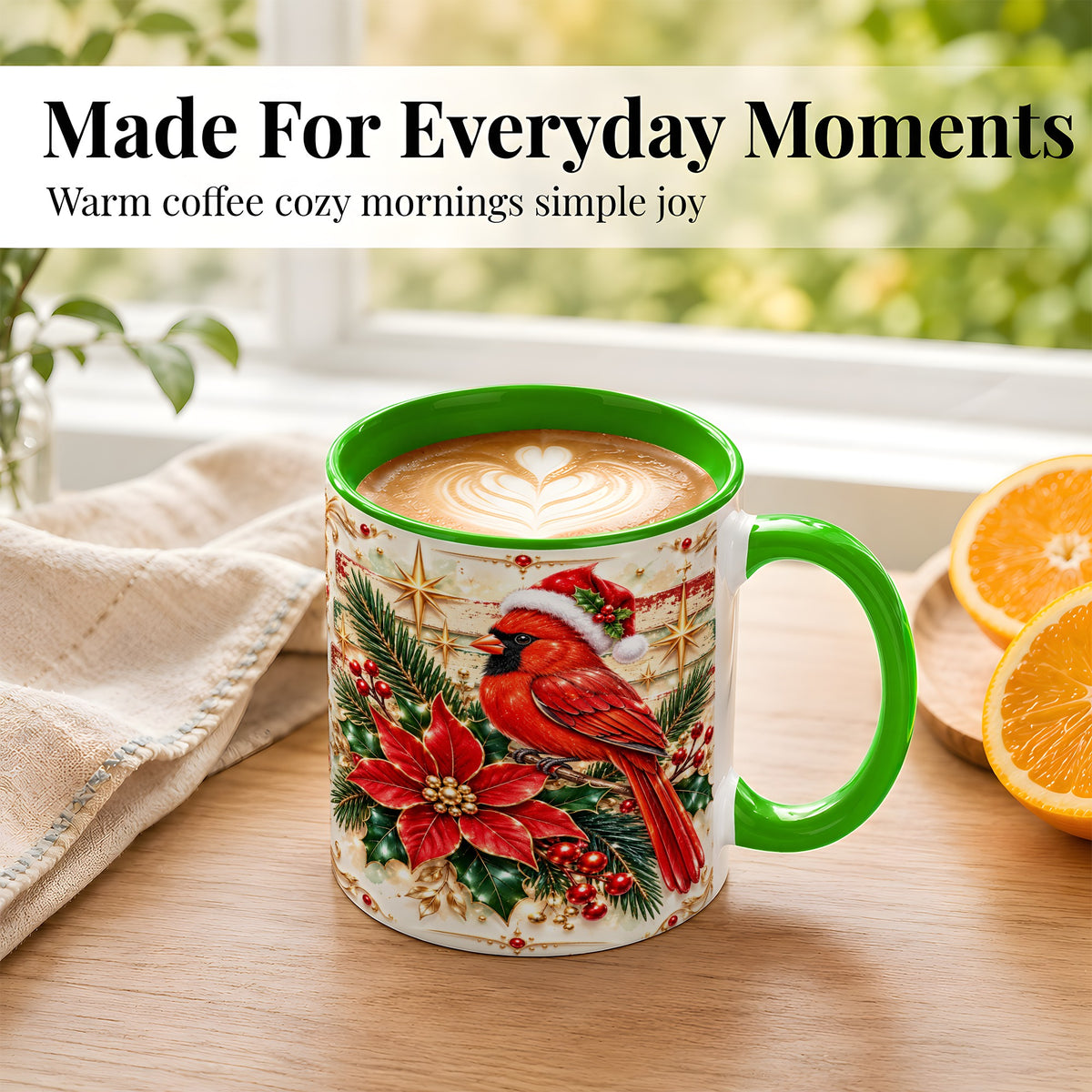 #pl[11oz|Green] Christmas Cardinal Coffee Mug, Winter Bird Mug, Ceramic Cup