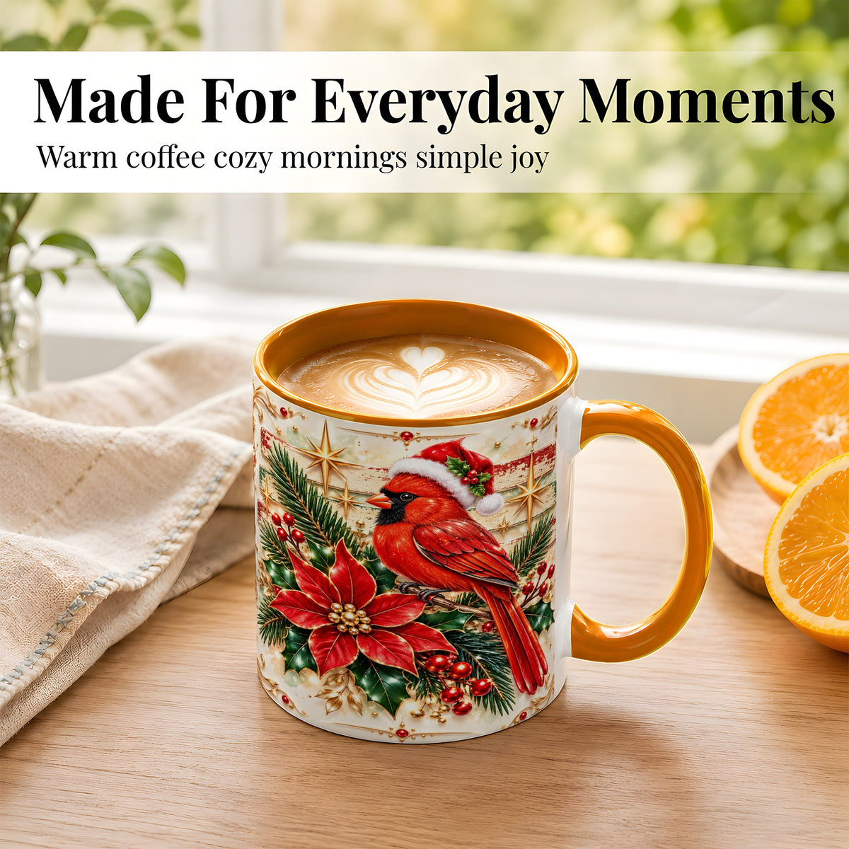 #pl[11oz|Orange] Christmas Cardinal Coffee Mug, Winter Bird Mug, Ceramic Cup