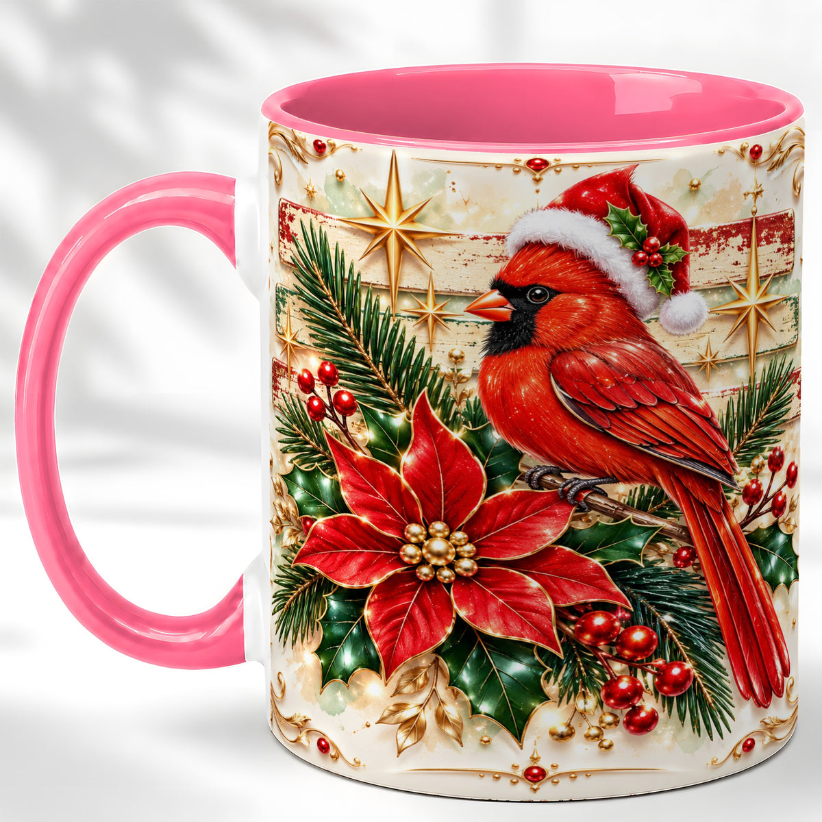 #pl[11oz|Pink] Christmas Cardinal Coffee Mug, Winter Bird Mug, Ceramic Cup