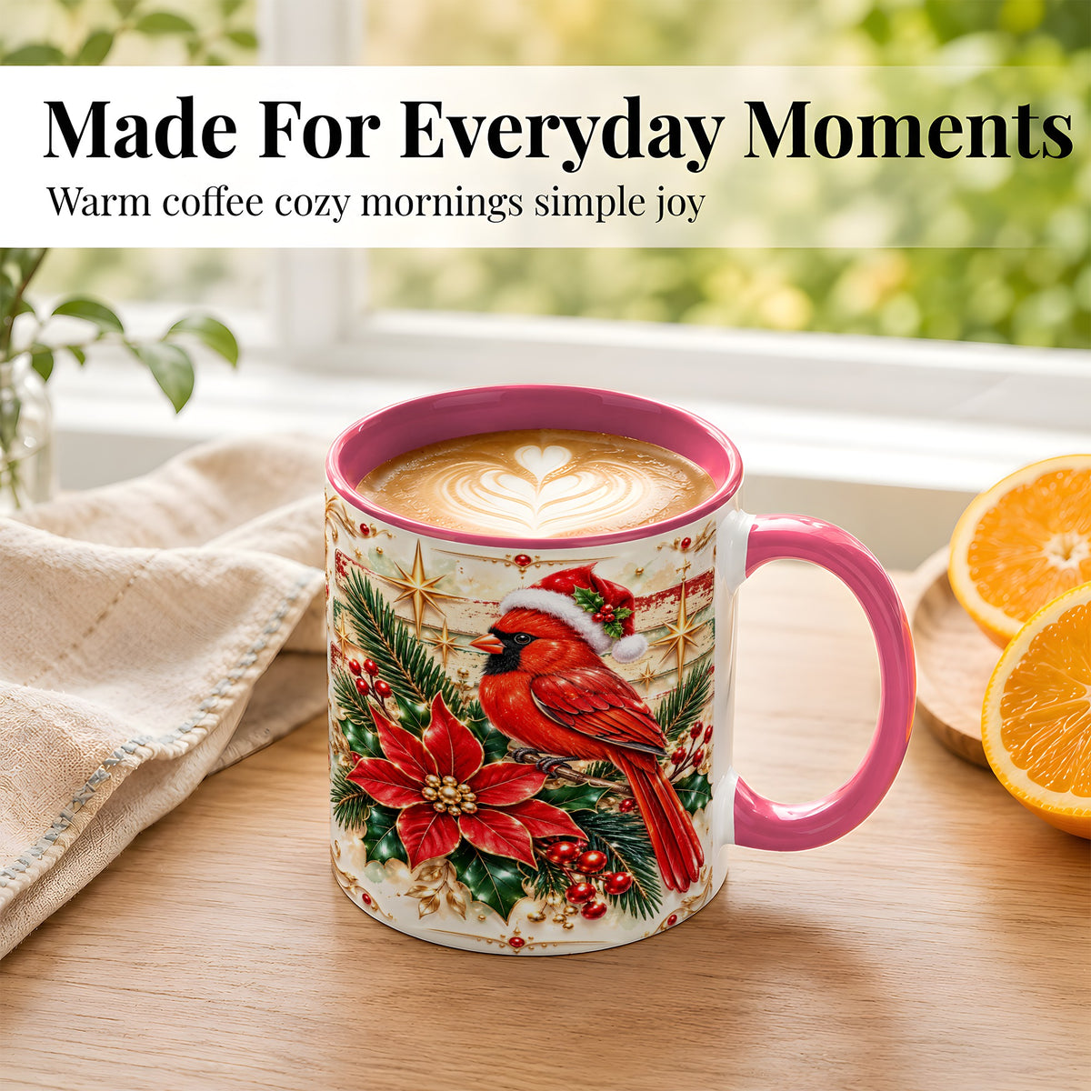 #pl[11oz|Pink] Christmas Cardinal Coffee Mug, Winter Bird Mug, Ceramic Cup