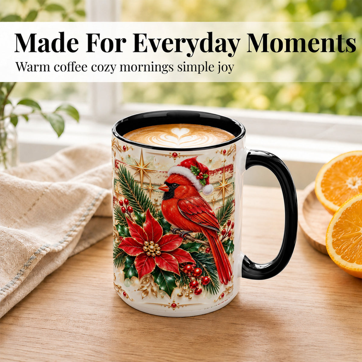 #pl[15oz|Black] Christmas Cardinal Coffee Mug, Winter Bird Mug, Ceramic Cup