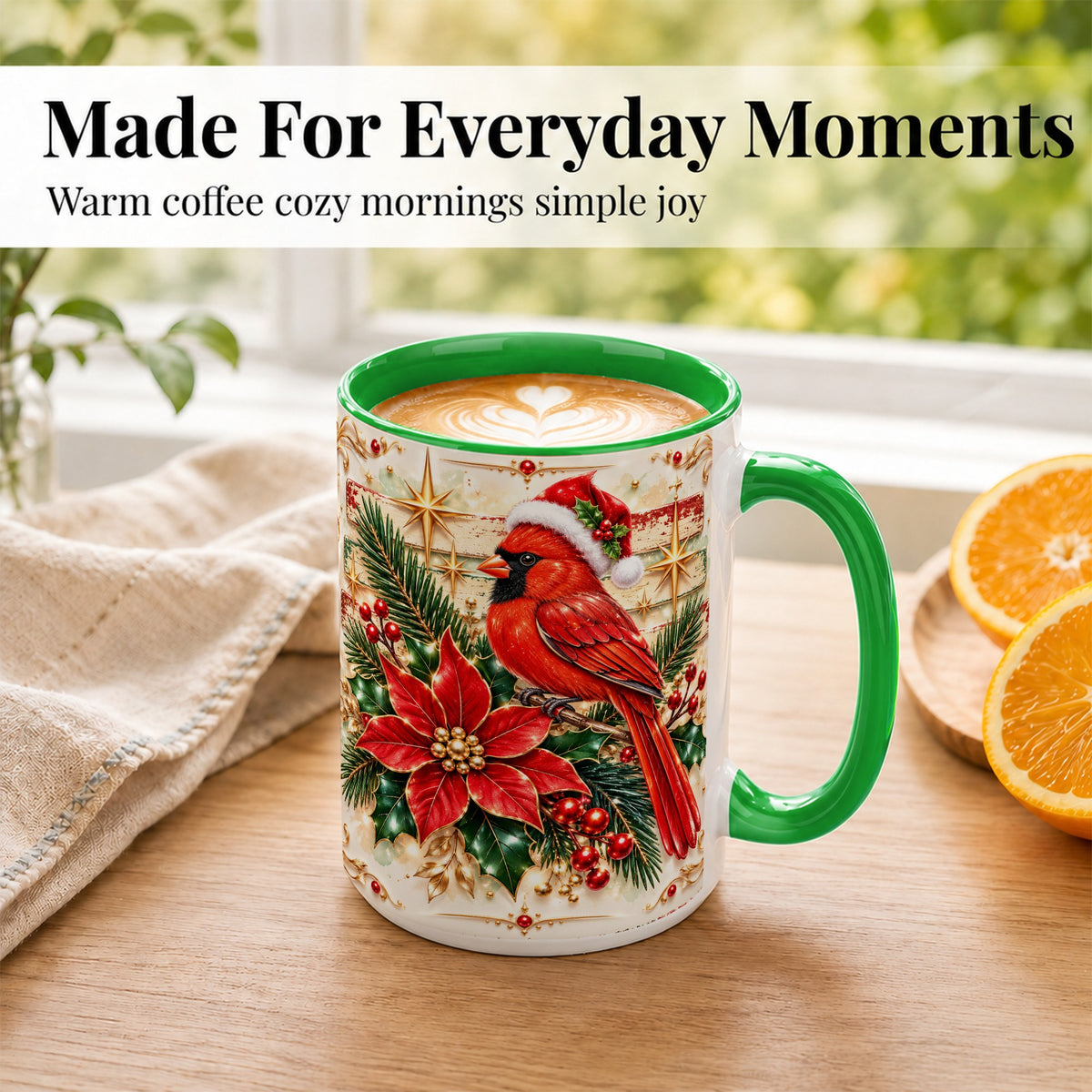 #pl[15oz|Green] Christmas Cardinal Coffee Mug, Winter Bird Mug, Ceramic Cup