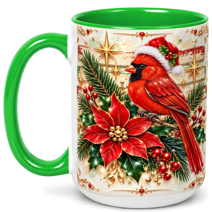 #pl[15oz|Green] Christmas Cardinal Coffee Mug, Winter Bird Mug, Ceramic Cup