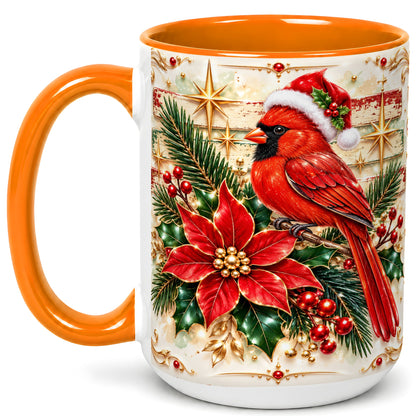 #pl[15oz|Orange] Christmas Cardinal Coffee Mug, Winter Bird Mug, Ceramic Cup