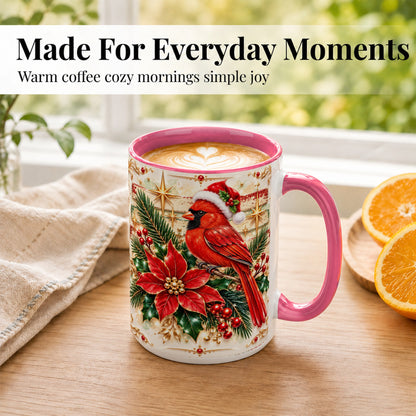 #pl[15oz|Pink] Christmas Cardinal Coffee Mug, Winter Bird Mug, Ceramic Cup