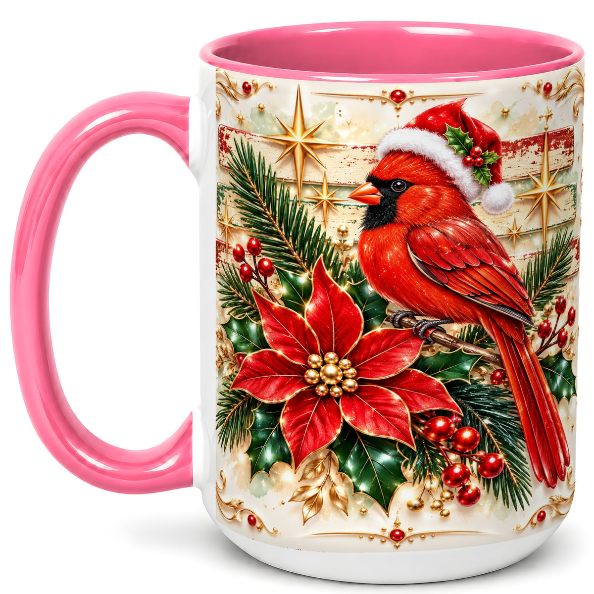 #pl[15oz|Pink] Christmas Cardinal Coffee Mug, Winter Bird Mug, Ceramic Cup