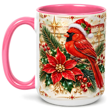 #pl[15oz|Pink] Christmas Cardinal Coffee Mug, Winter Bird Mug, Ceramic Cup