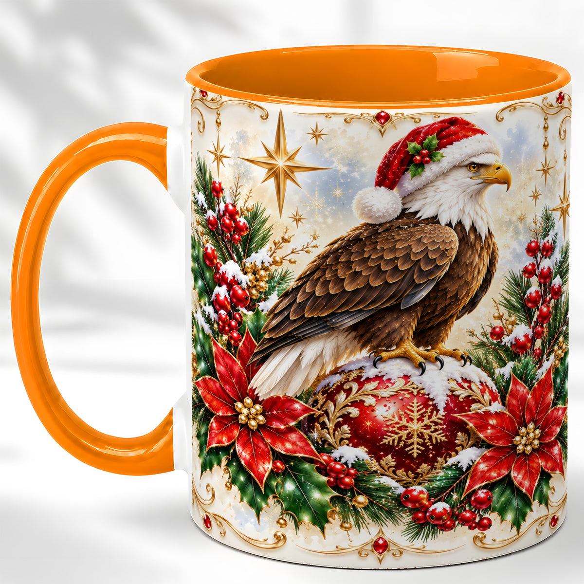 #pl[11oz|Orange] Christmas Eagle Coffee Mug, Poinsettia Bird Mug, Ceramic Cup