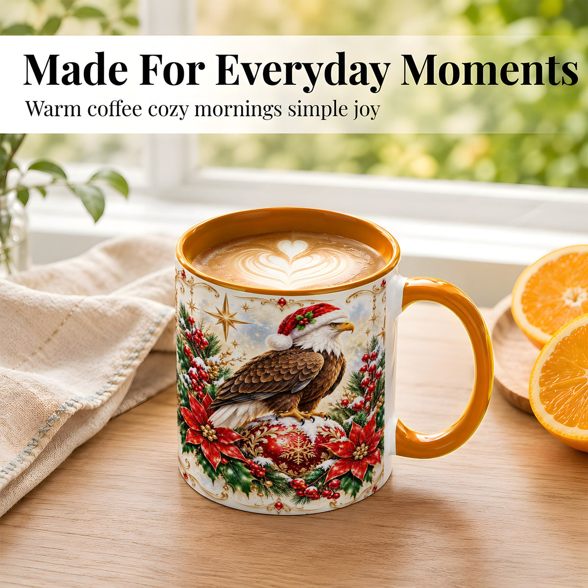 #pl[11oz|Orange] Christmas Eagle Coffee Mug, Poinsettia Bird Mug, Ceramic Cup