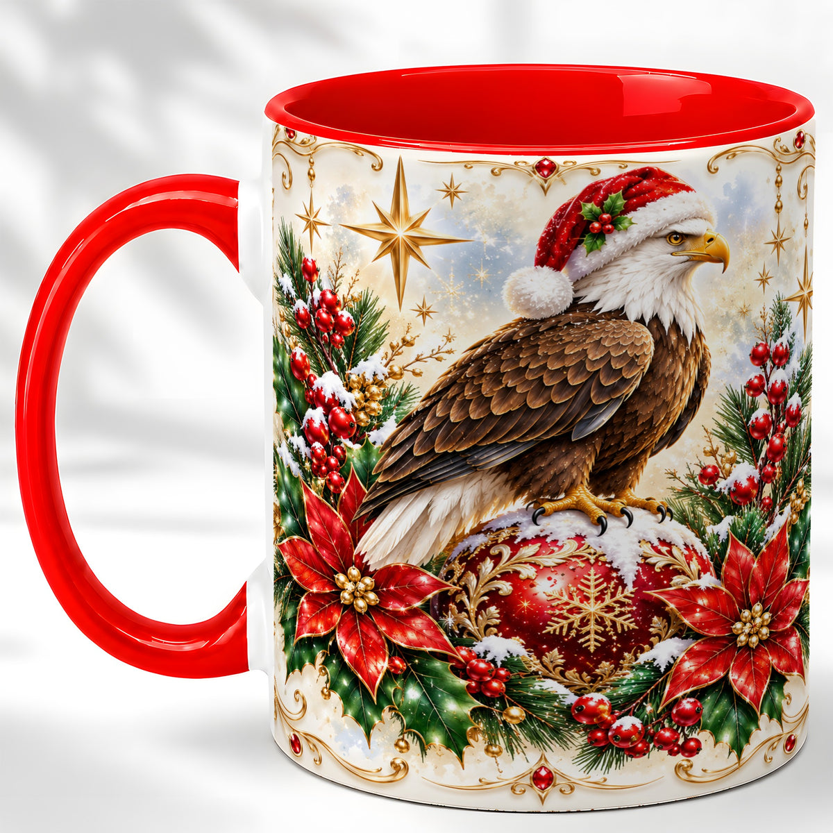 Christmas Eagle Coffee Mug, Poinsettia Bird Mug, Ceramic Cup
