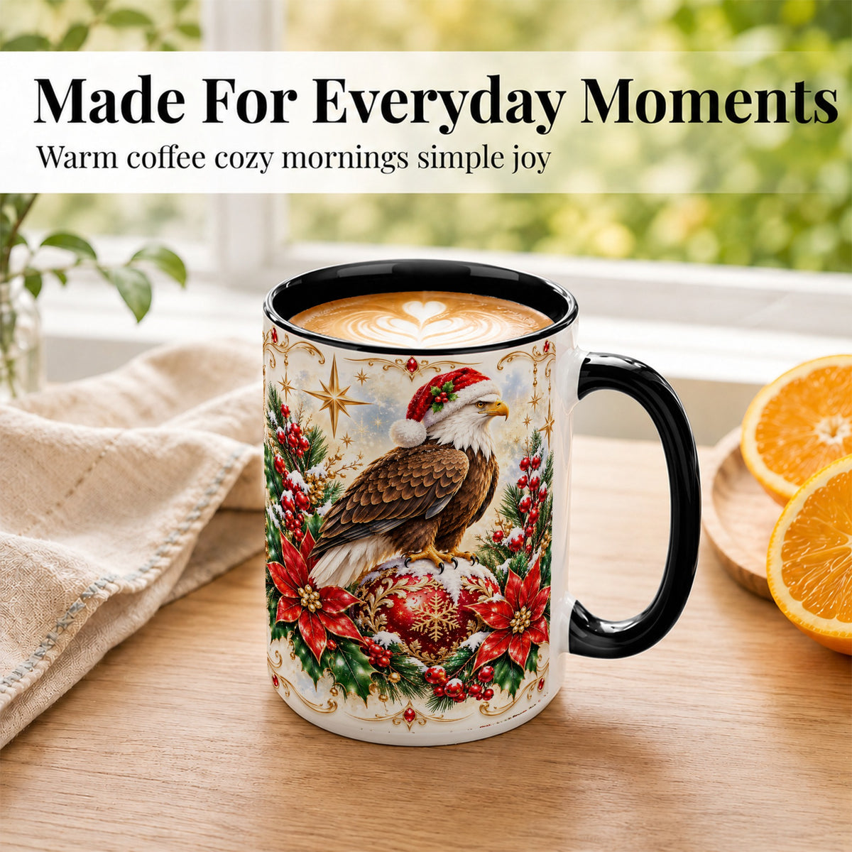 #pl[15oz|Black] Christmas Eagle Coffee Mug, Poinsettia Bird Mug, Ceramic Cup