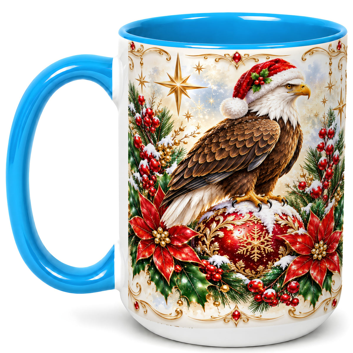 #pl[15oz|Blue] Christmas Eagle Coffee Mug, Poinsettia Bird Mug, Ceramic Cup