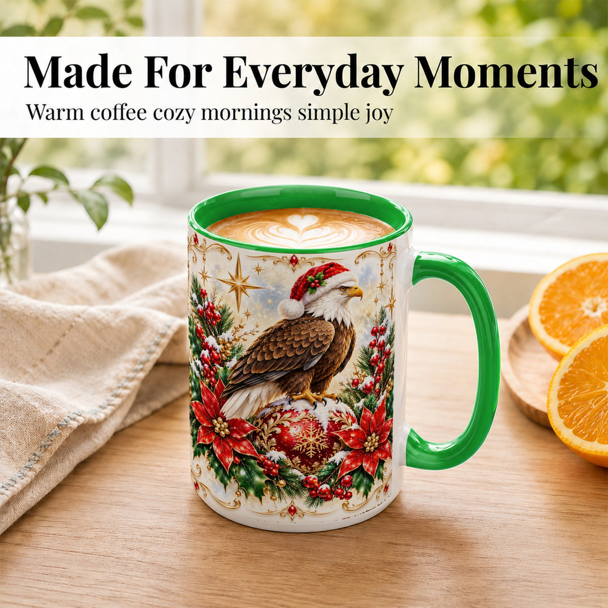 #pl[15oz|Green] Christmas Eagle Coffee Mug, Poinsettia Bird Mug, Ceramic Cup