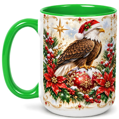 #pl[15oz|Green] Christmas Eagle Coffee Mug, Poinsettia Bird Mug, Ceramic Cup
