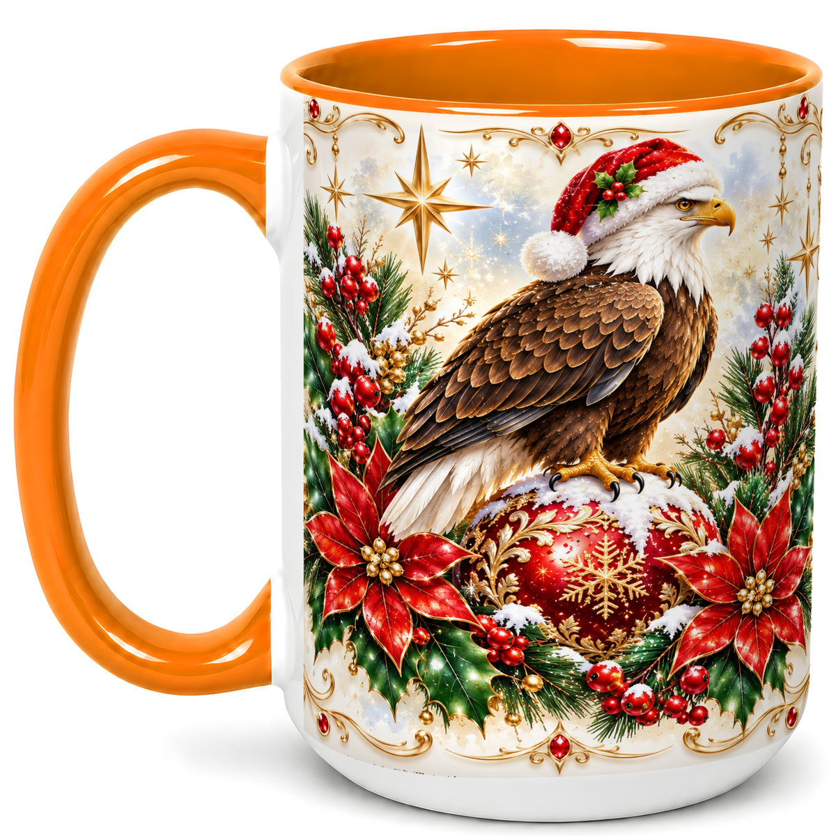 #pl[15oz|Orange] Christmas Eagle Coffee Mug, Poinsettia Bird Mug, Ceramic Cup