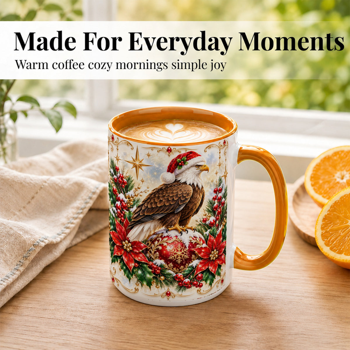 #pl[15oz|Orange] Christmas Eagle Coffee Mug, Poinsettia Bird Mug, Ceramic Cup