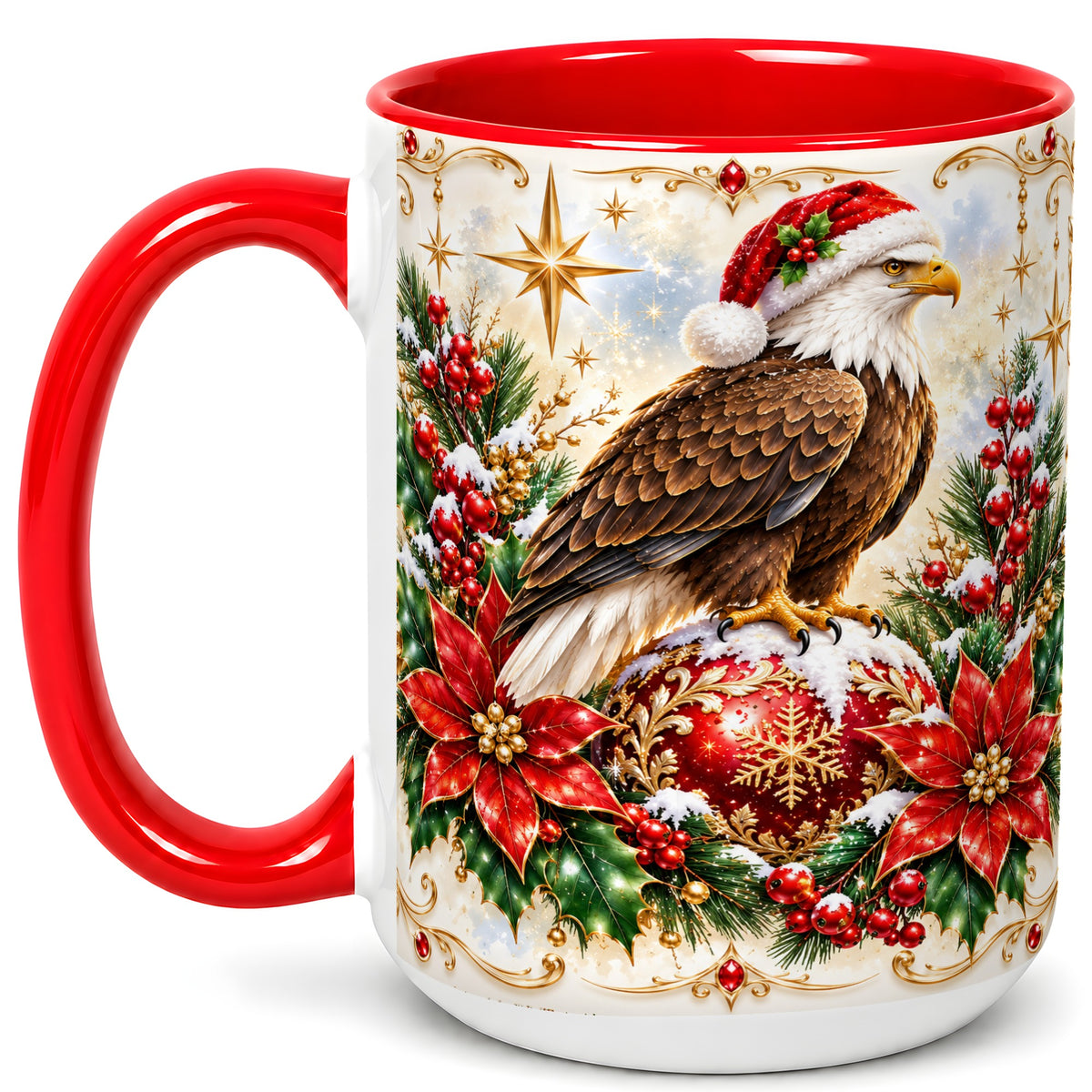 #pl[15oz|Red] Christmas Eagle Coffee Mug, Poinsettia Bird Mug, Ceramic Cup