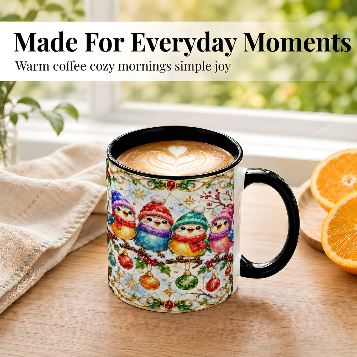#pl[11oz|Black] Christmas Birds Coffee Mug, Winter Songbird Mug, Ceramic Cup