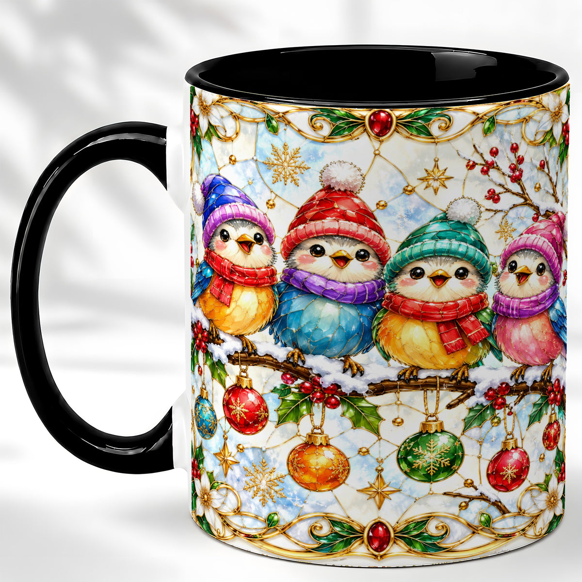 #pl[11oz|Black] Christmas Birds Coffee Mug, Winter Songbird Mug, Ceramic Cup