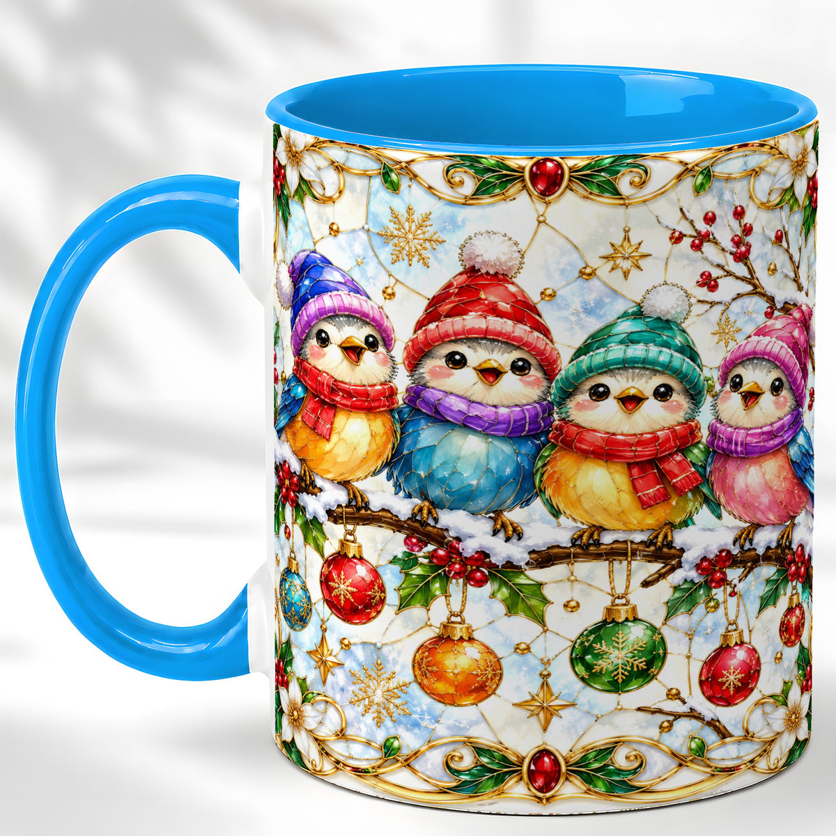 #pl[11oz|Blue] Christmas Birds Coffee Mug, Winter Songbird Mug, Ceramic Cup