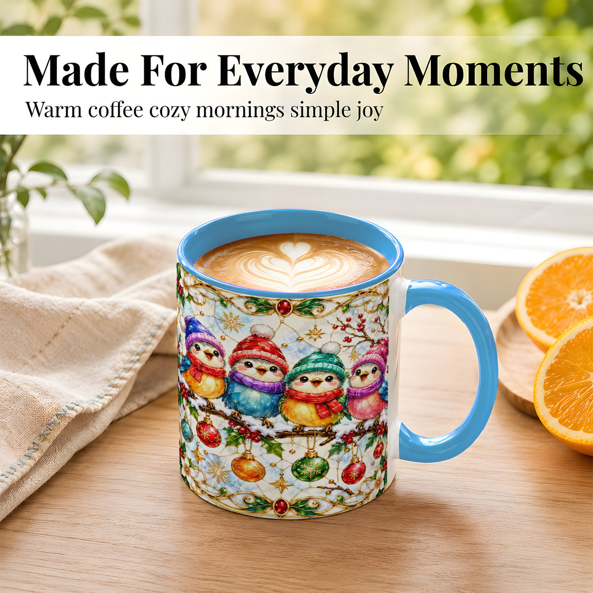 #pl[11oz|Blue] Christmas Birds Coffee Mug, Winter Songbird Mug, Ceramic Cup