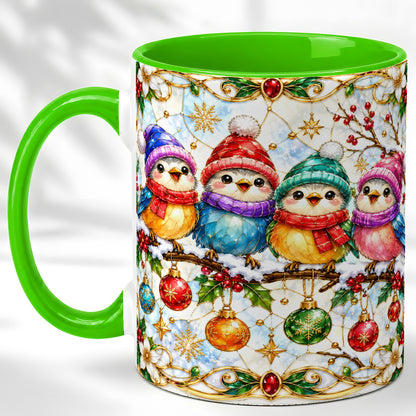#pl[11oz|Green] Christmas Birds Coffee Mug, Winter Songbird Mug, Ceramic Cup