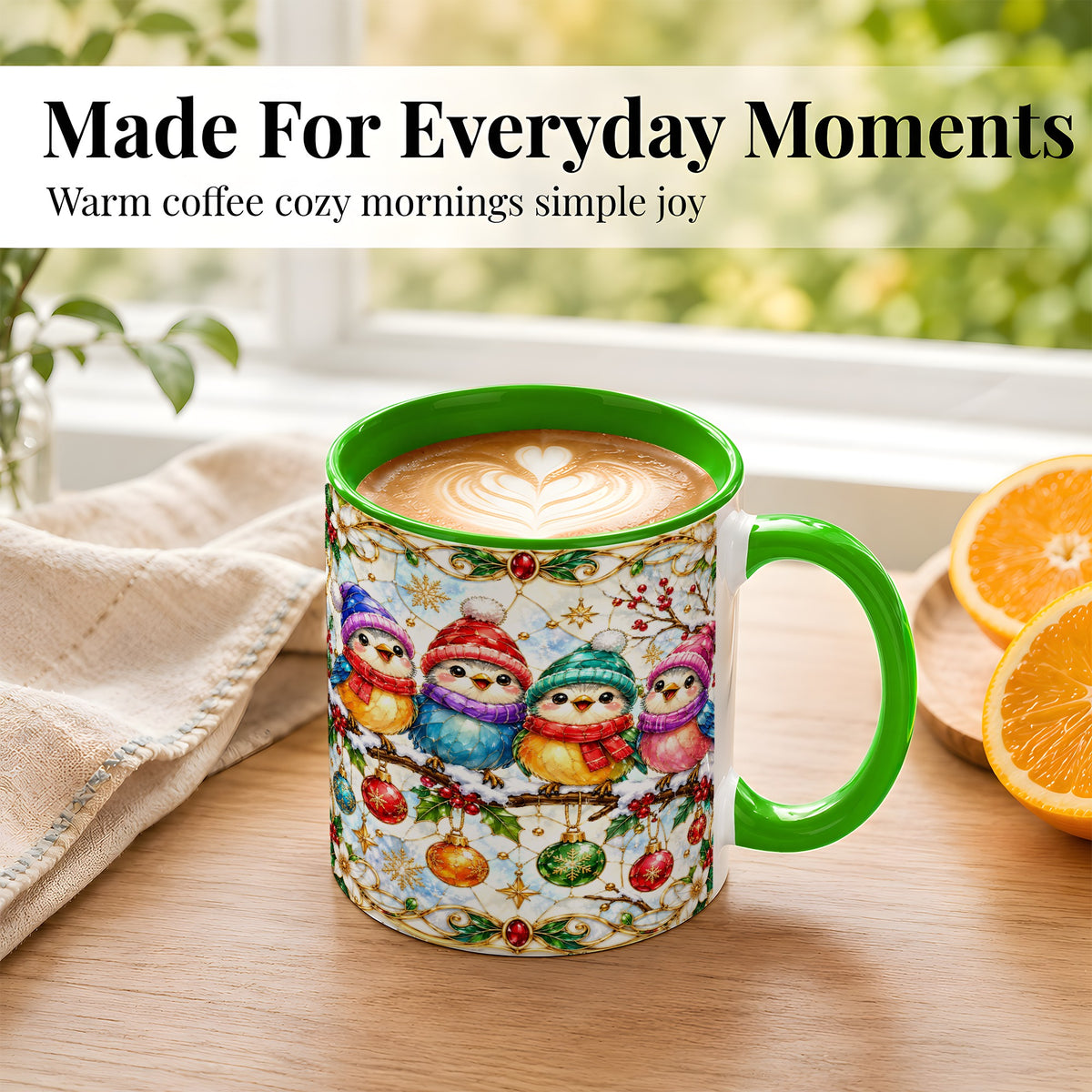 #pl[11oz|Green] Christmas Birds Coffee Mug, Winter Songbird Mug, Ceramic Cup