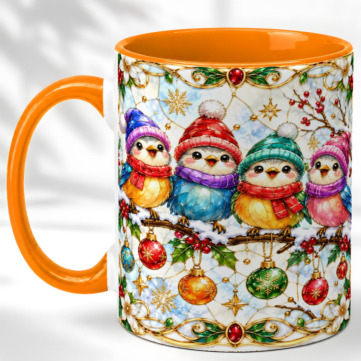 #pl[11oz|Orange] Christmas Birds Coffee Mug, Winter Songbird Mug, Ceramic Cup