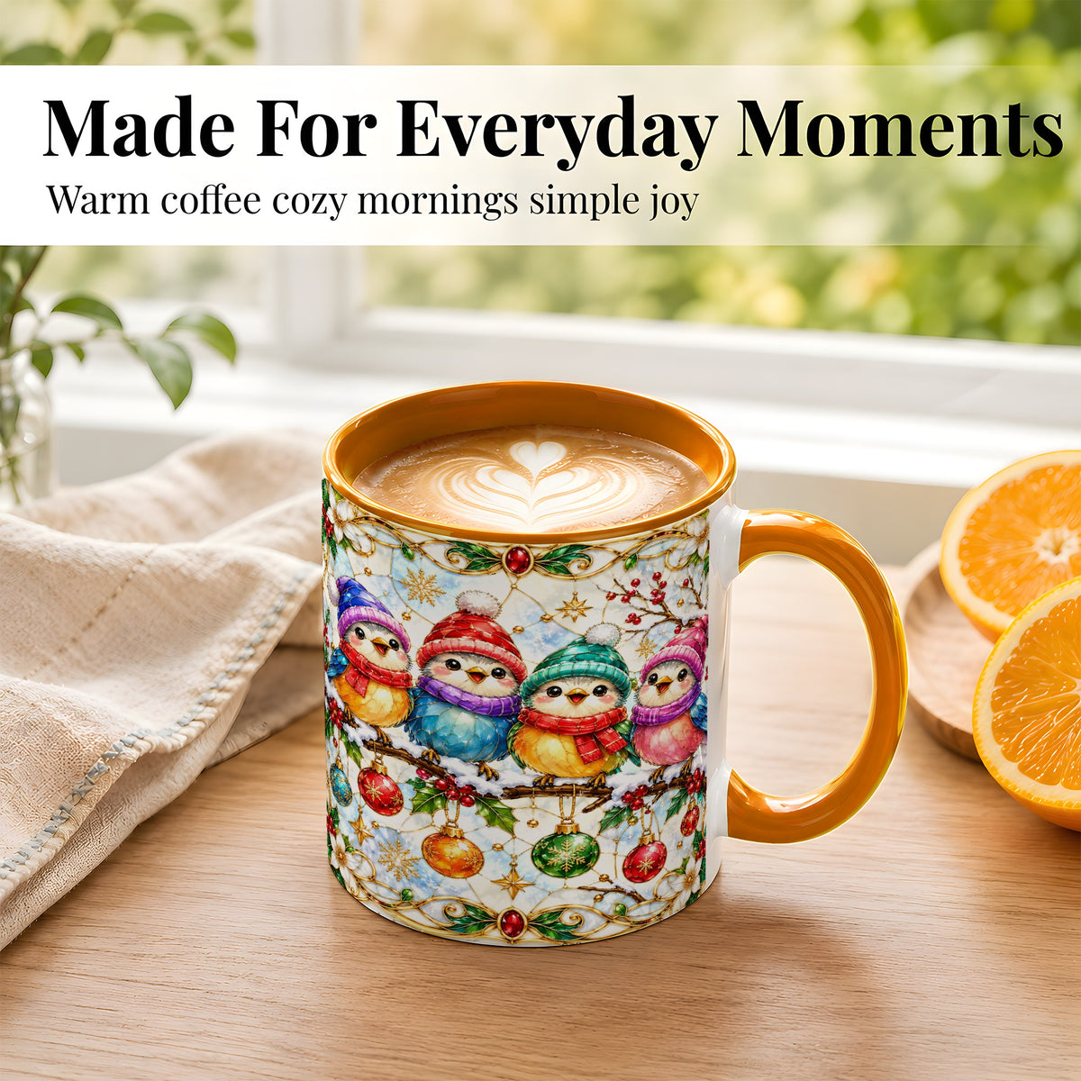 #pl[11oz|Orange] Christmas Birds Coffee Mug, Winter Songbird Mug, Ceramic Cup
