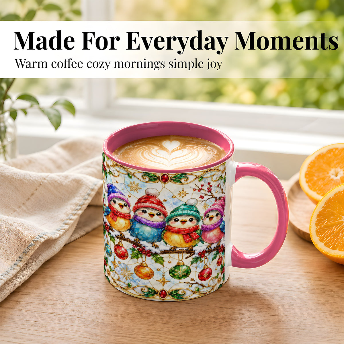 #pl[11oz|Pink] Christmas Birds Coffee Mug, Winter Songbird Mug, Ceramic Cup