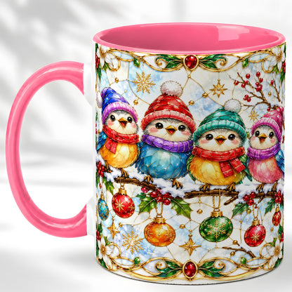 #pl[11oz|Pink] Christmas Birds Coffee Mug, Winter Songbird Mug, Ceramic Cup