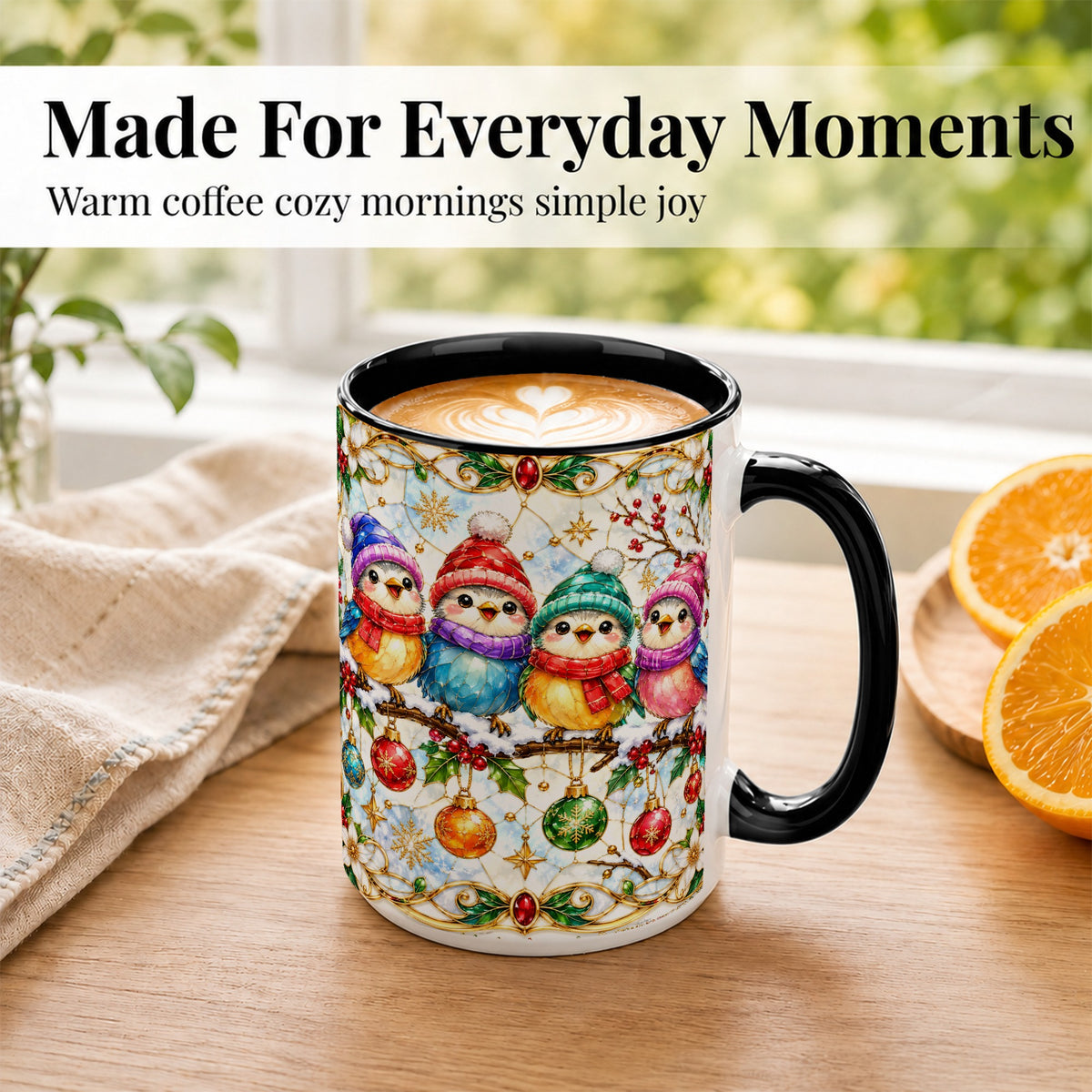 #pl[15oz|Black] Christmas Birds Coffee Mug, Winter Songbird Mug, Ceramic Cup