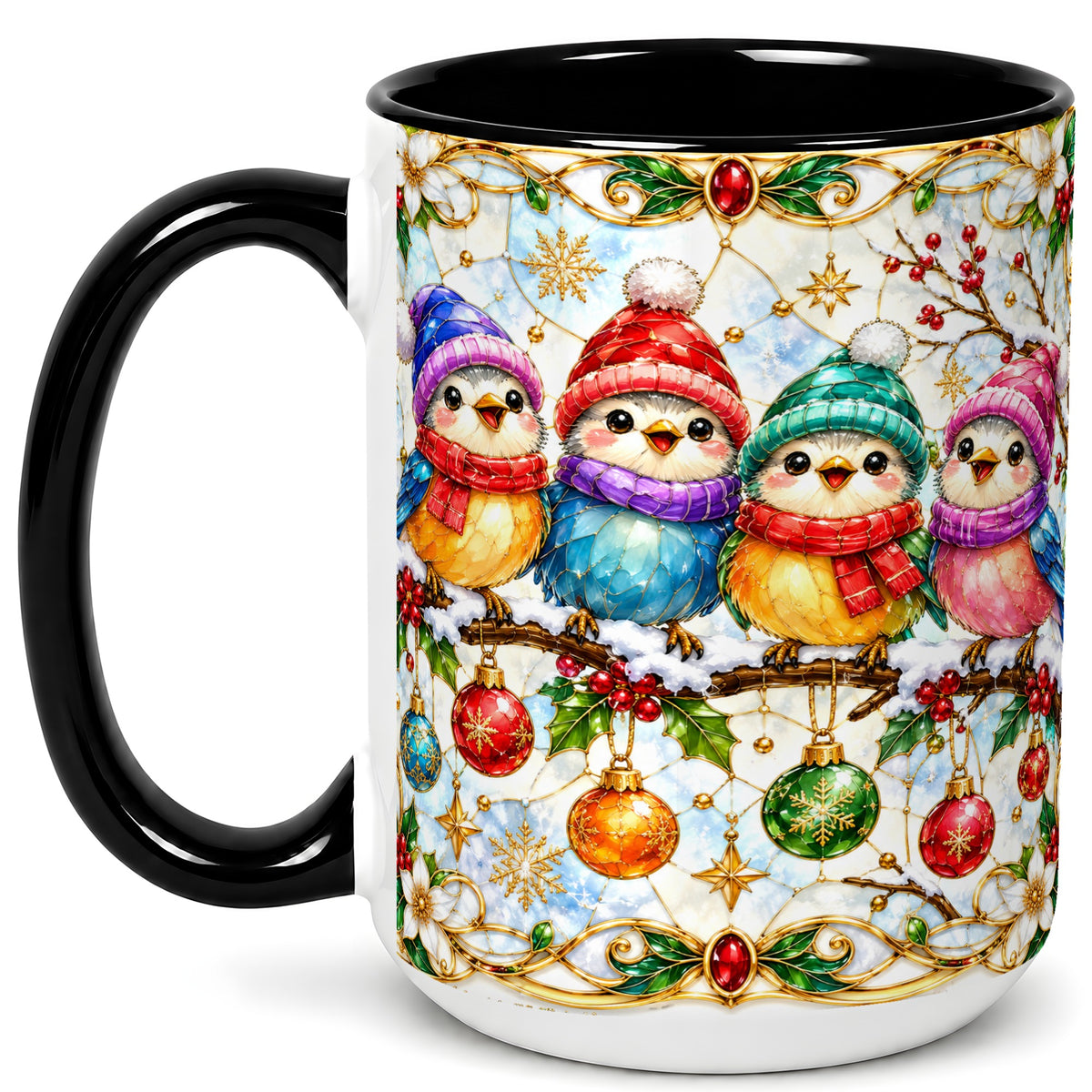#pl[15oz|Black] Christmas Birds Coffee Mug, Winter Songbird Mug, Ceramic Cup