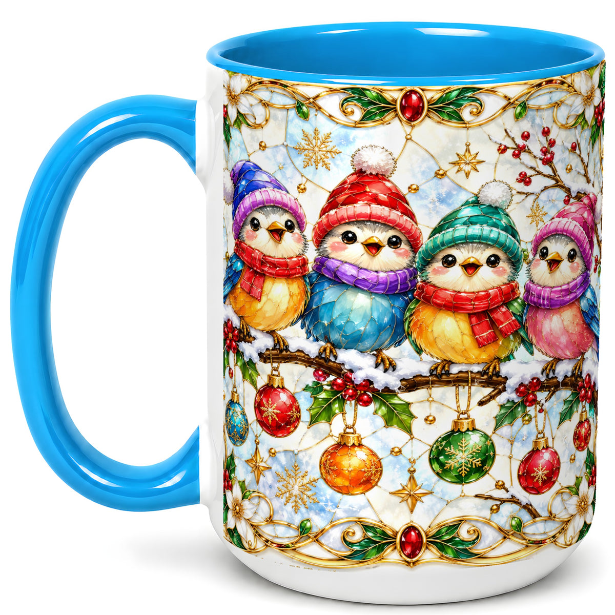 #pl[15oz|Blue] Christmas Birds Coffee Mug, Winter Songbird Mug, Ceramic Cup