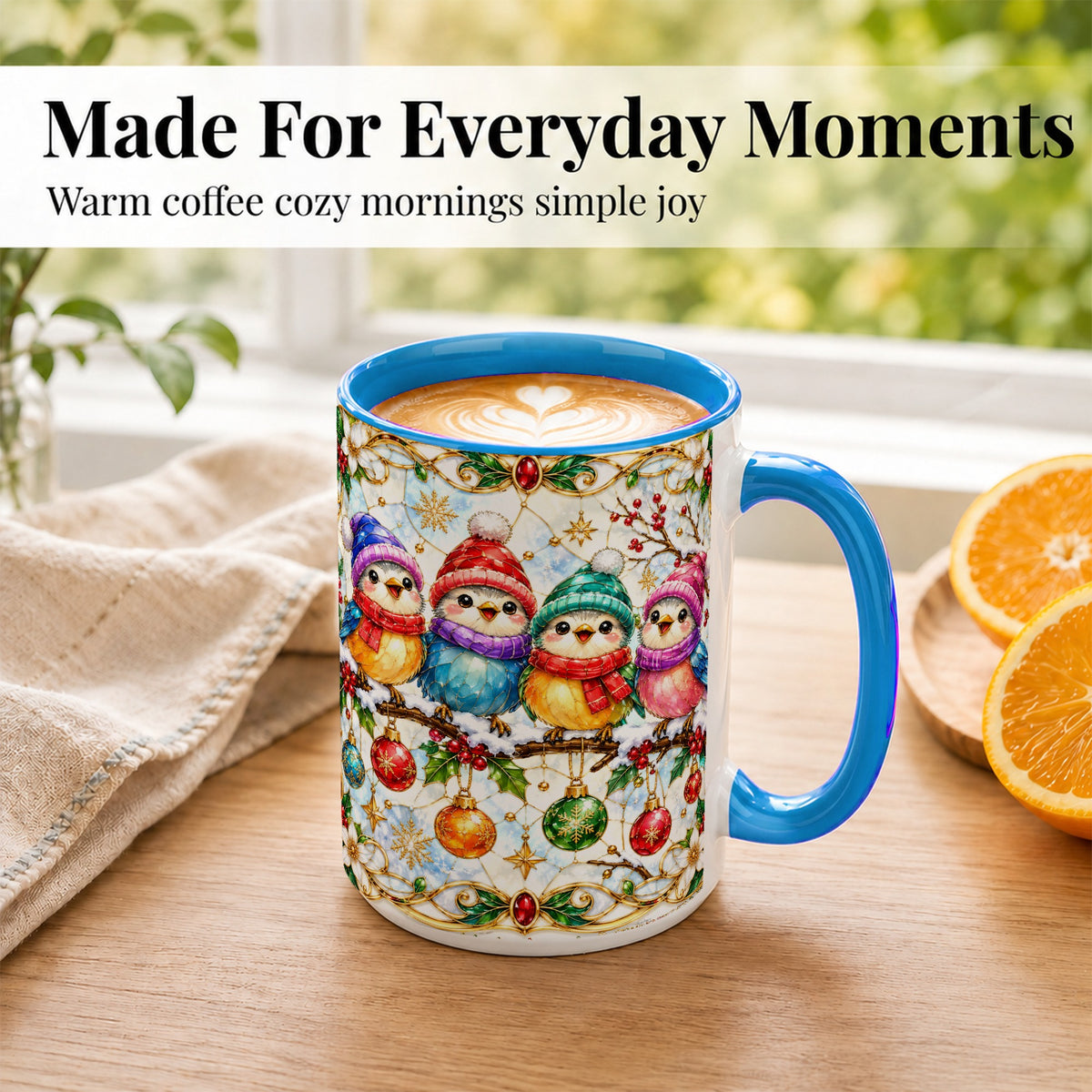 #pl[15oz|Blue] Christmas Birds Coffee Mug, Winter Songbird Mug, Ceramic Cup