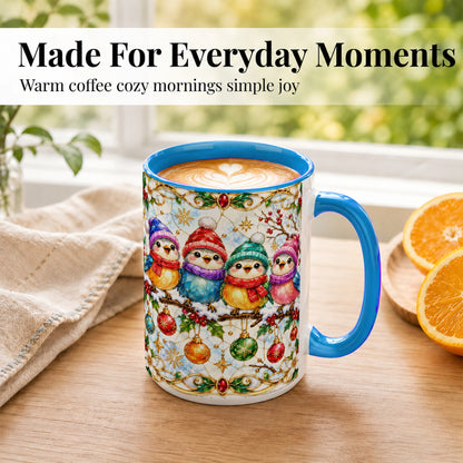 #pl[15oz|Blue] Christmas Birds Coffee Mug, Winter Songbird Mug, Ceramic Cup